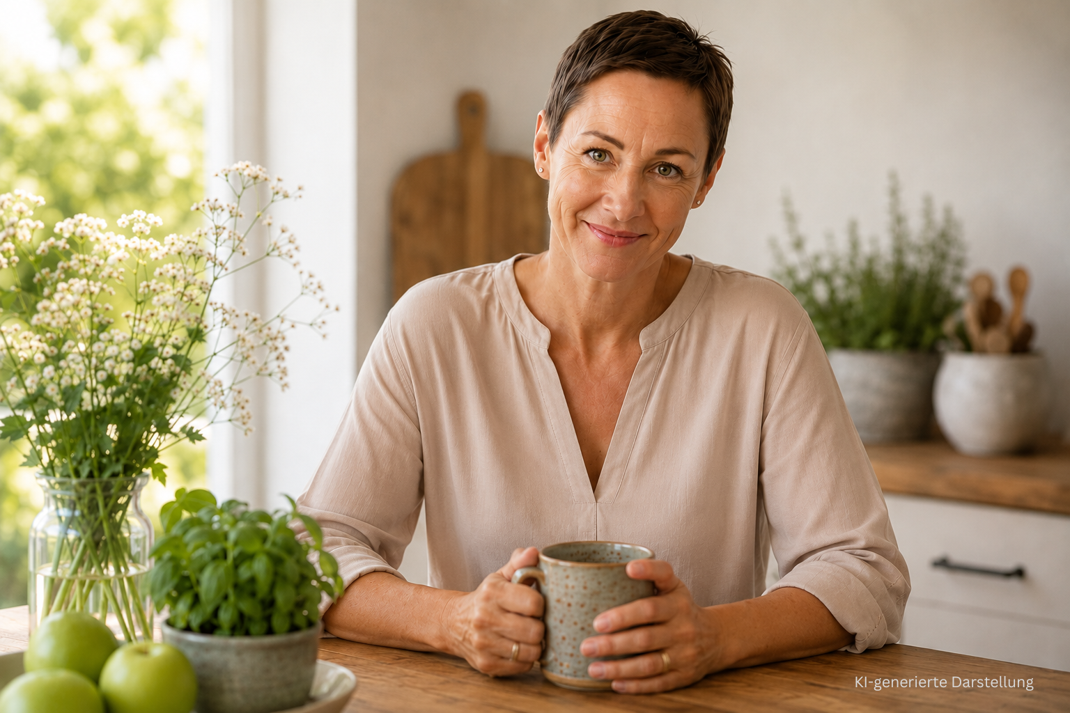 Myriam Keller Portrait mit Tasse und KI Kennzeichnung